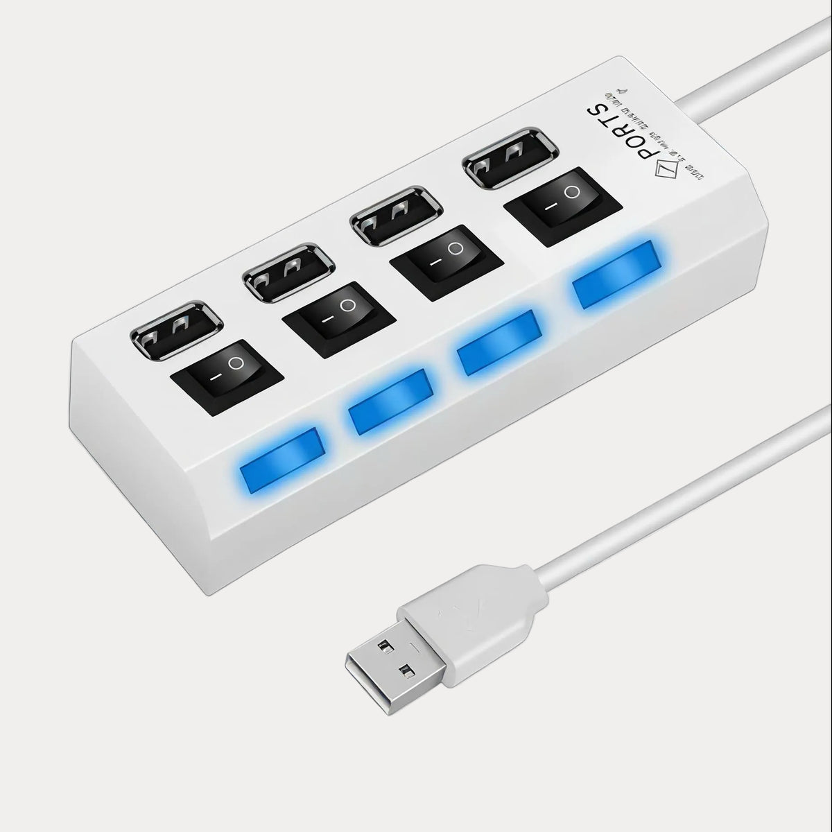 A white 4-port USB 2.0 hub with illuminated blue ports, shown on a white background with a blue text badge reading 'White 4 Ports USB 2.