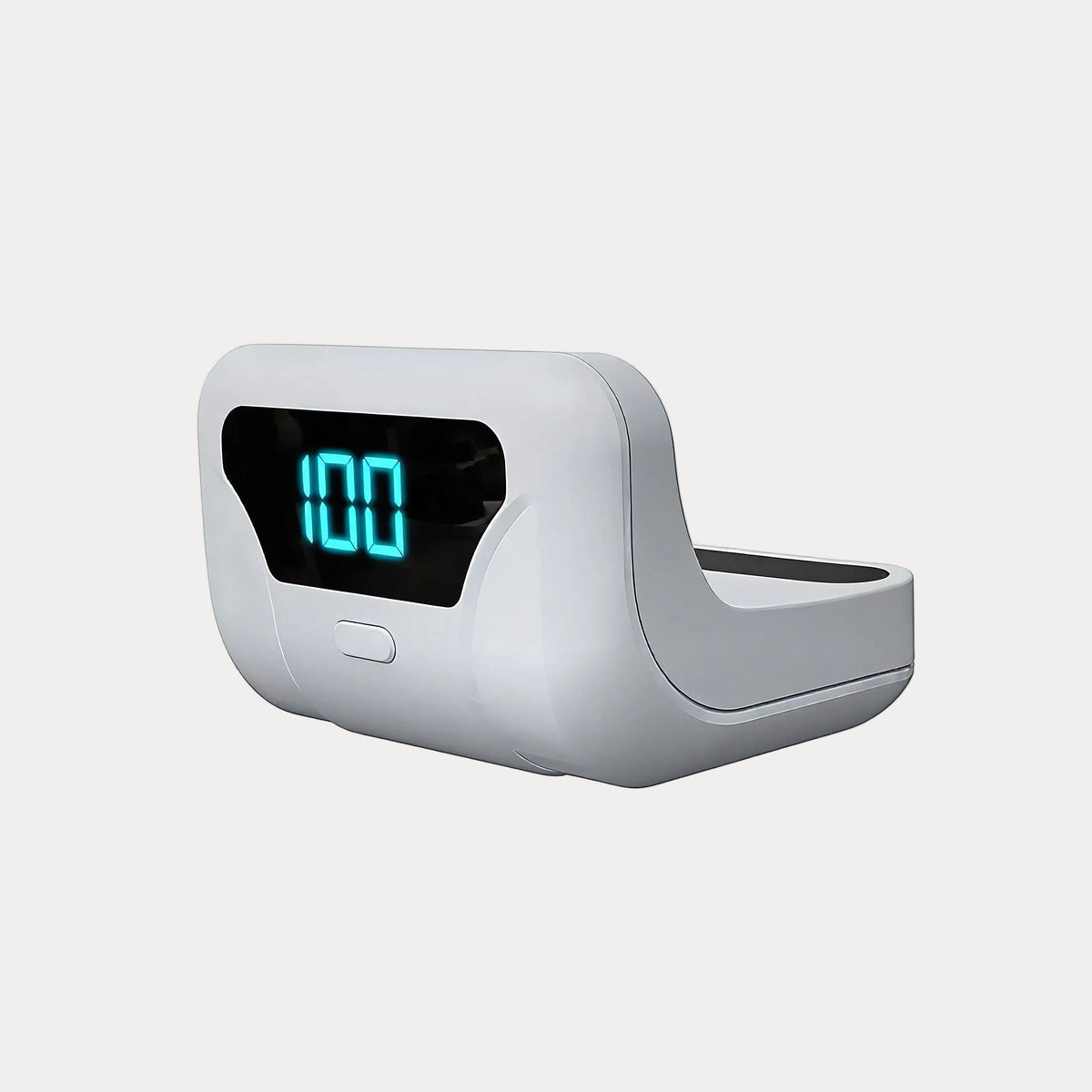 A controller power bank with digital display on a light gray backround.