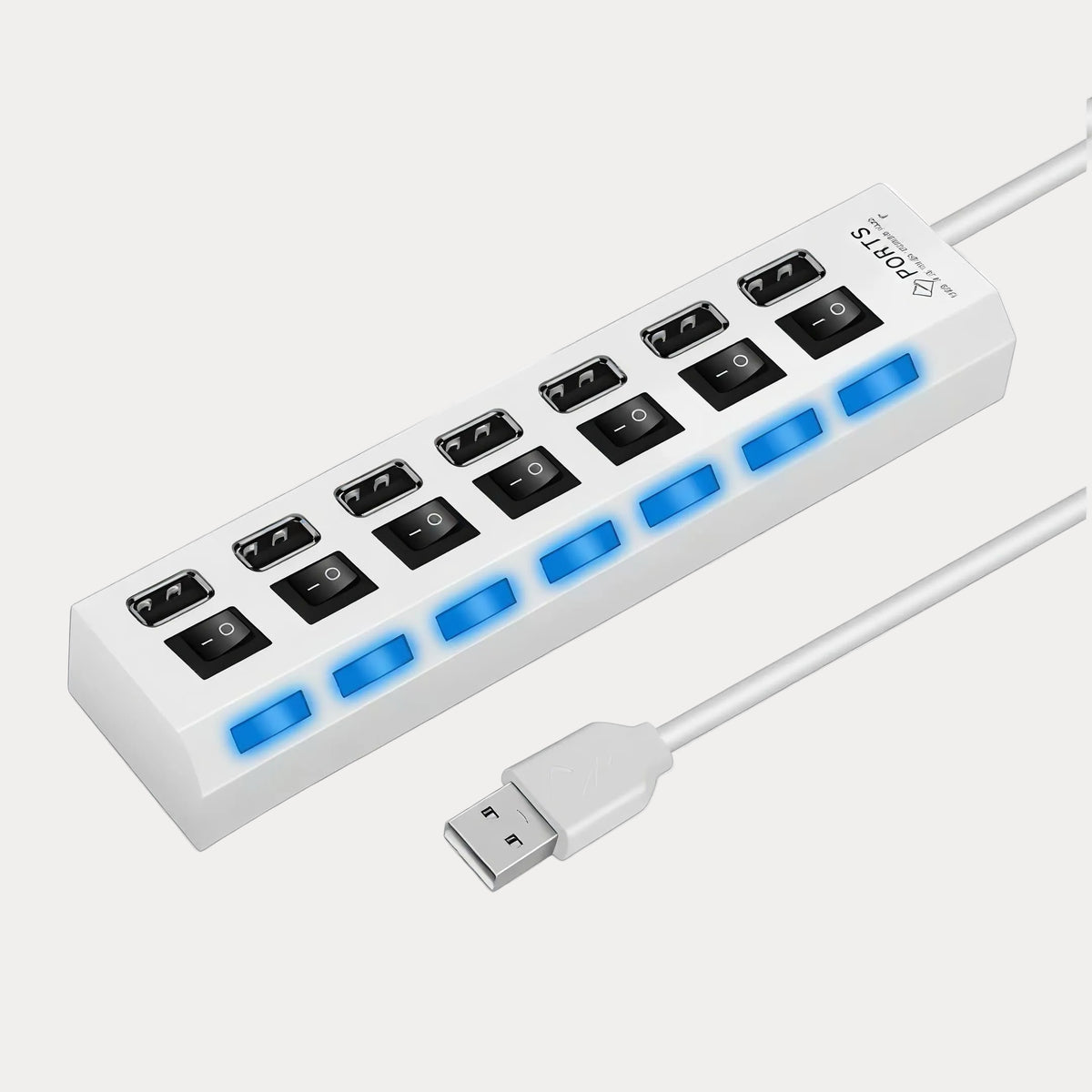 White USB 2.0 hub with 7 ports and a cable on a white background