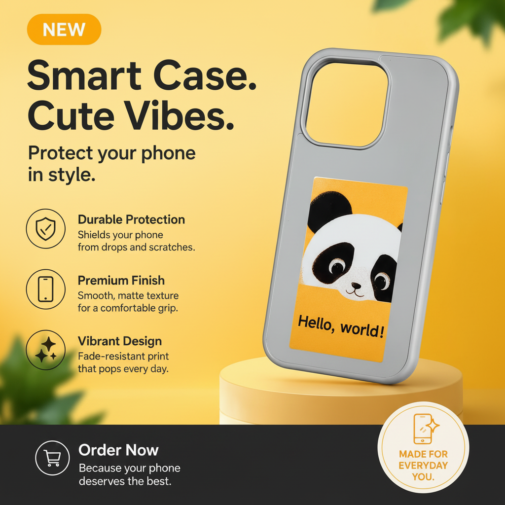 A promotional graphic for a smartphone case. The case is light gray with a bright yellow printed panel featuring a cute black-and-white panda face and the text 'Hello, world!'.