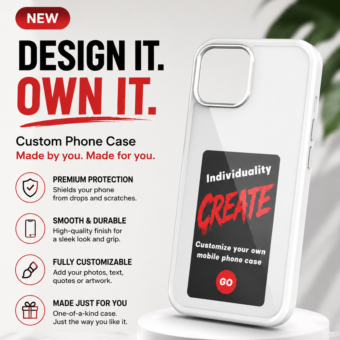 Customizable clear phone case displayed on a white charging stand, with promotional text on a white and dark gray background. The case has a black graphic label with red and white text reading 'Individuality CREATE'.