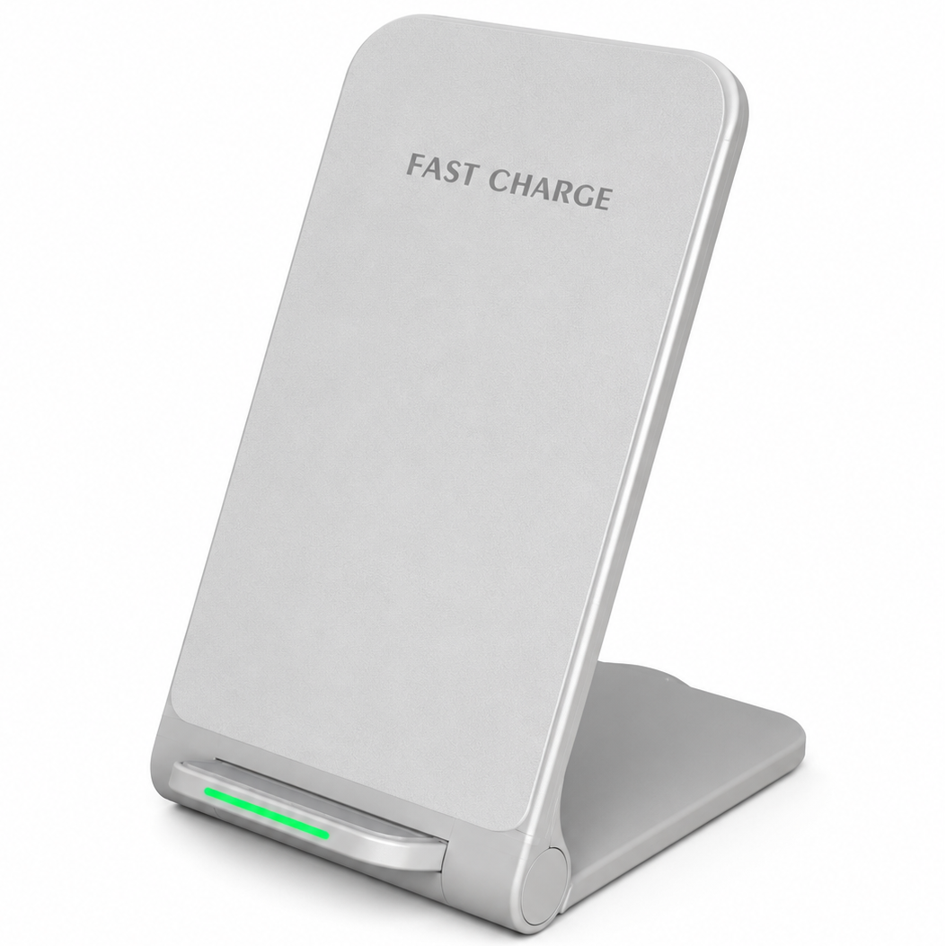 A white wireless charging stand with a brushed metal finish, featuring the text 'FAST CHARGE' printed on the top surface. It is shown in a folded position with a green LED indicator light illuminated at the base, set against a clean white background.