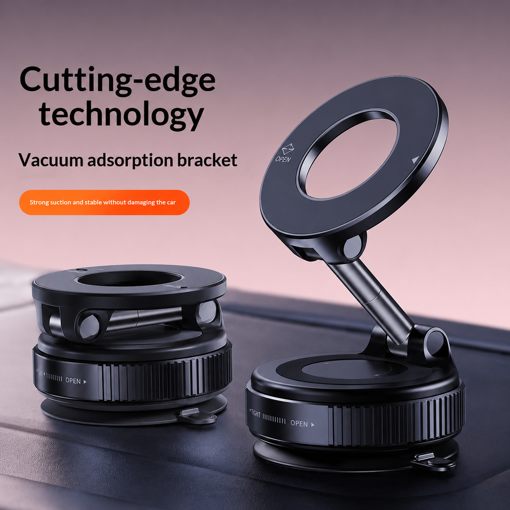 Two black vacuum adsorption bracket mounts shown on a dark surface against a soft pink studio background, with marketing text reading 'Cutting-edge technology' and 'Vacuum adsorption bracket.' No person, animal, or real environment is present, so this is Product/Packaging rather than Lifestyle.