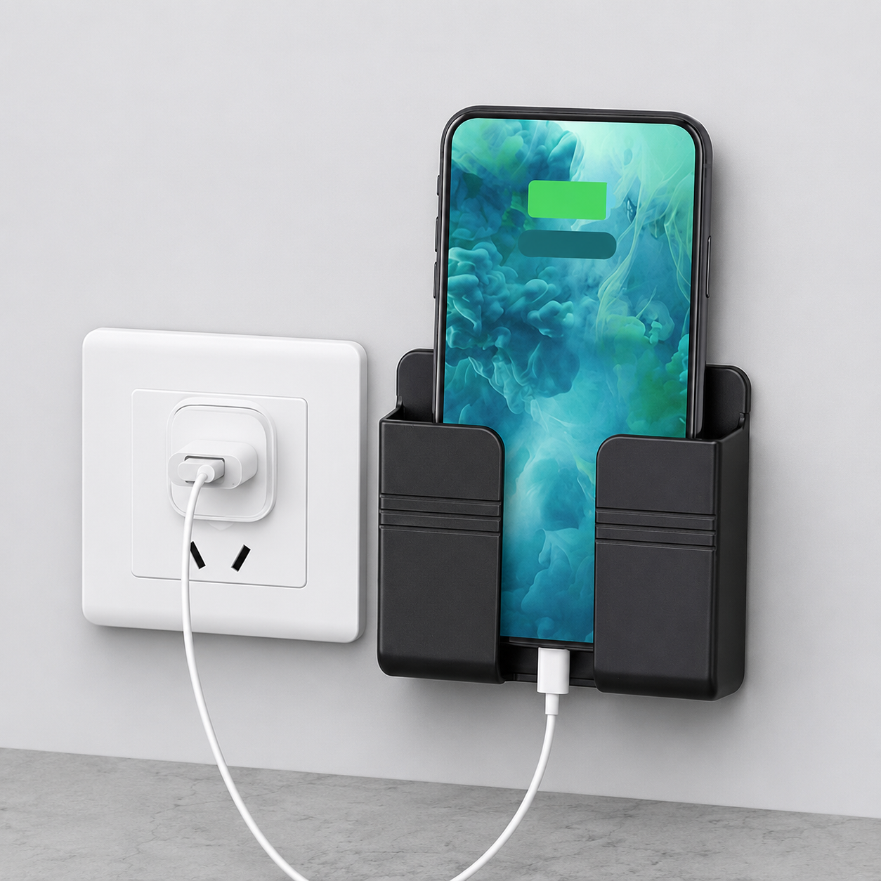 Black phone holder with smartphone and power adapter on a light gray background