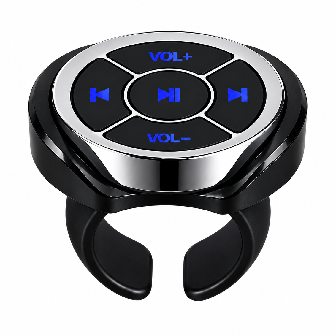 A black and silver ring-shaped Bluetooth audio control module with blue-lit buttons for play/pause, volume up, and volume down, shown on a white background.