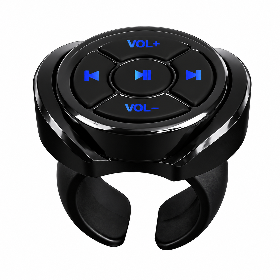 A black Bluetooth clip-on car stereo controller with blue illuminated icons for volume and track navigation, shown on a solid white background.