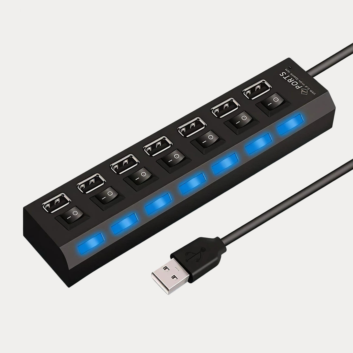 7-port USB 2.0 hub with blue indicator lights on a white background