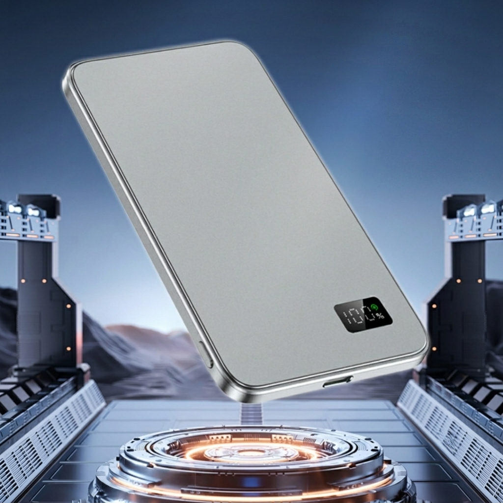 Gray wireless power bank on a neon background