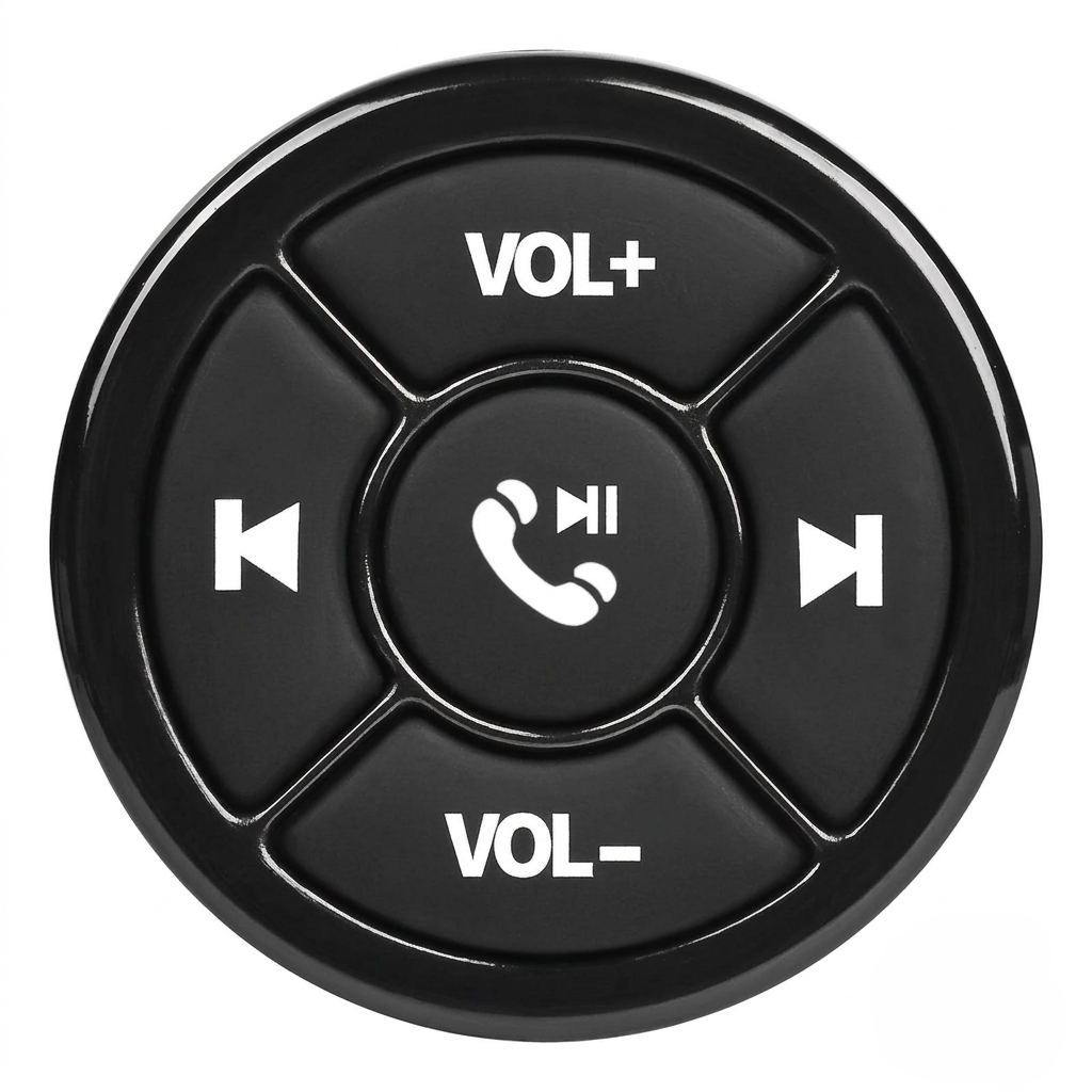 A round black remote control button panel with white icons and labels for VOL+, VOL-, and playback controls, isolated on a white background.