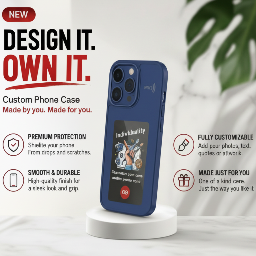 A custom blue phone case displayed on a white pedestal, featuring a mock screen with customization options. The background is a soft-focus white marble surface with a green leaf, surrounded by promotional text highlighting features like premium protection, smooth durability, and full customization.