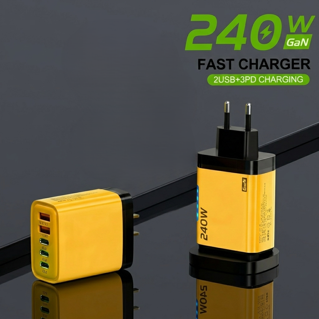 Yellow fast charger with multiple ports on a reflective surface, featuring '240W GaN' text.