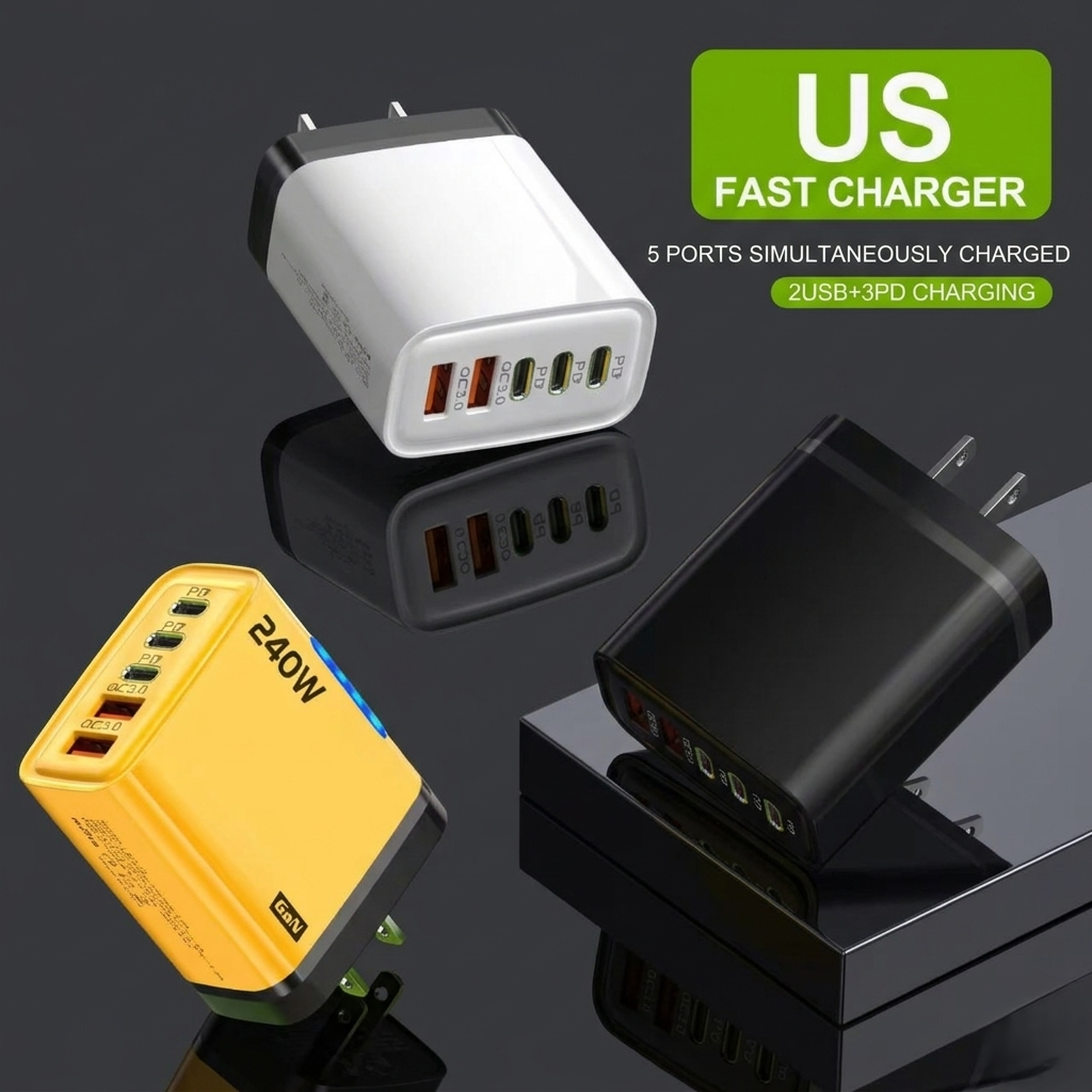 Three different types of fast chargers with 'US Fast Charger' text on a reflective surface.