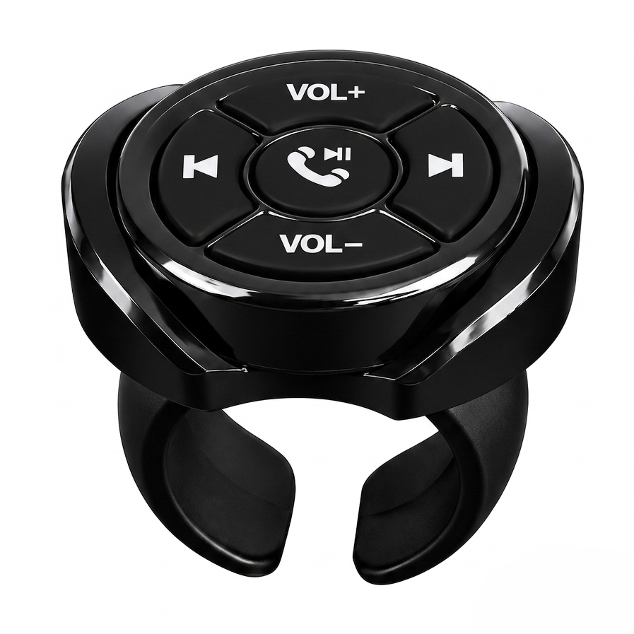 A black Bluetooth clip-on car stereo controller with blue illuminated icons for volume and track navigation, shown on a solid white background.