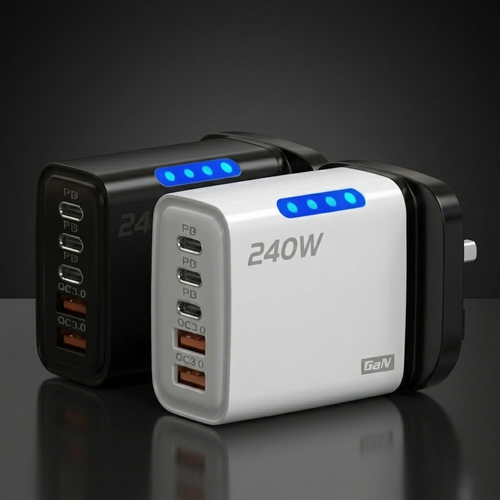 240W power adapter with multiple USB ports on a reflective surface