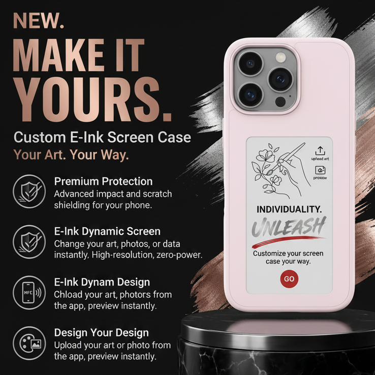 A pink customizable e-ink screen case shown on a smartphone mockup against a dark promotional background with text callouts and a marble pedestal.