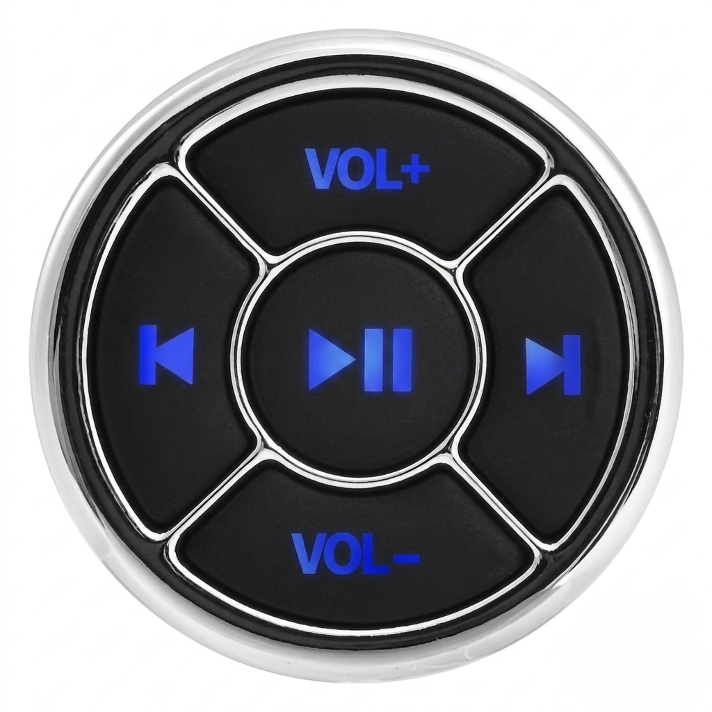 A round black and chrome media control panel with blue illuminated buttons for volume up, play/pause, and volume down.