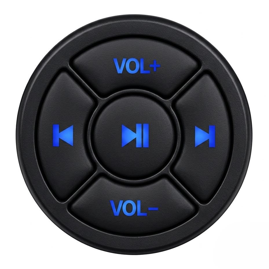 A round black wireless Bluetooth speaker control remote with blue illuminated icons for volume plus, volume minus, rewind, and play/pause, shown on a solid white background.