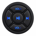 A round black wireless Bluetooth speaker control remote with blue illuminated icons for volume plus, volume minus, rewind, and play/pause, shown on a solid white background.