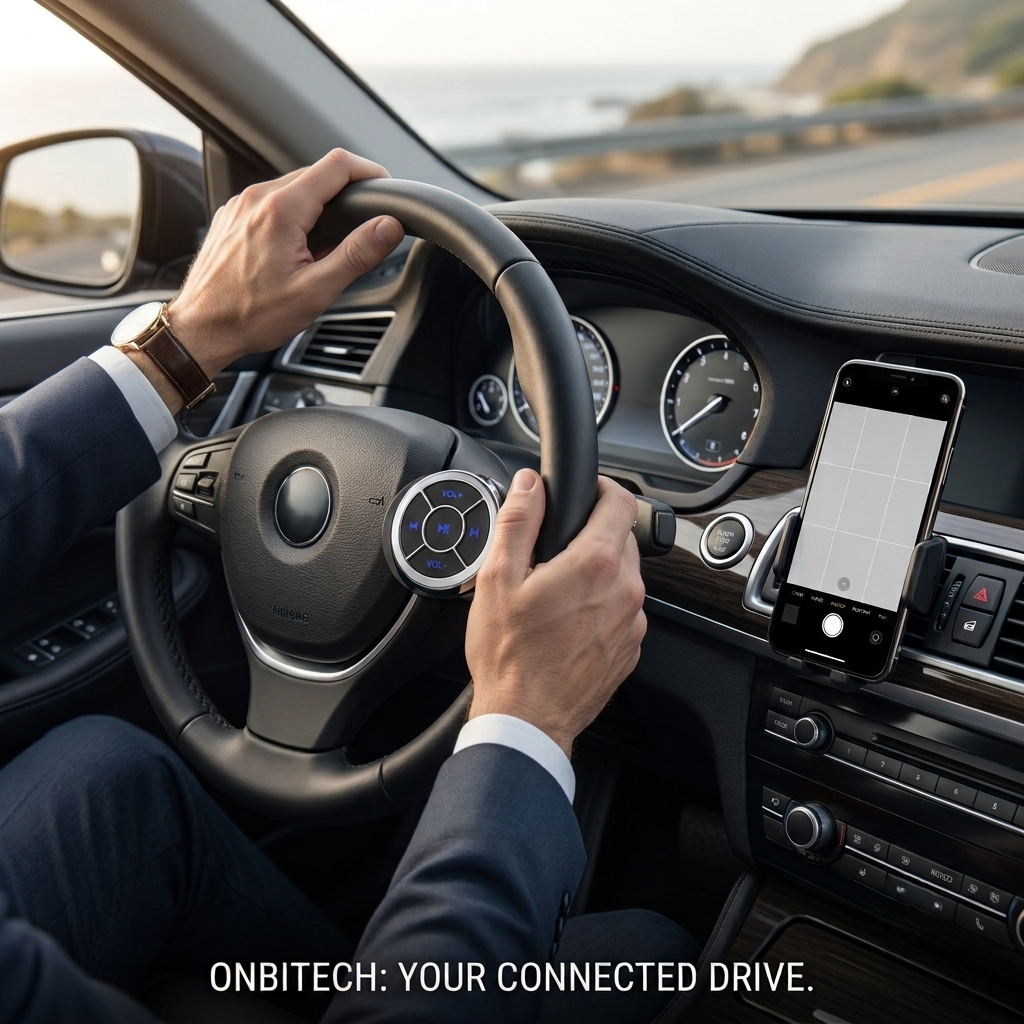 A person in a suit driving a car, holding the steering wheel with both hands and a remote control button panel. Also there is a smartphone mounted on the dashboard displaying a driving app. The text at the bottom reads 'ONBITECH: YOUR CONNECTED DRIVE.