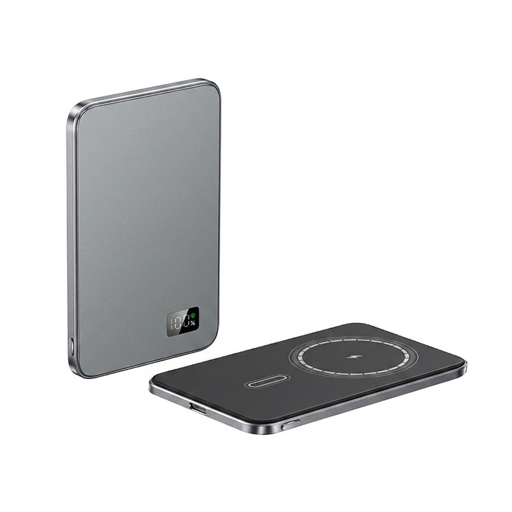 Gray wireless power bank on a white background