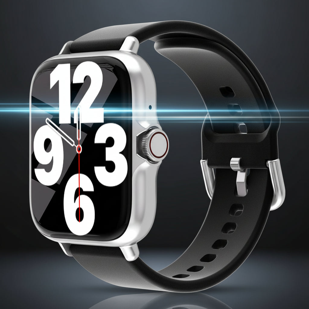 Smartwatch with black band and silver case on a black gray background