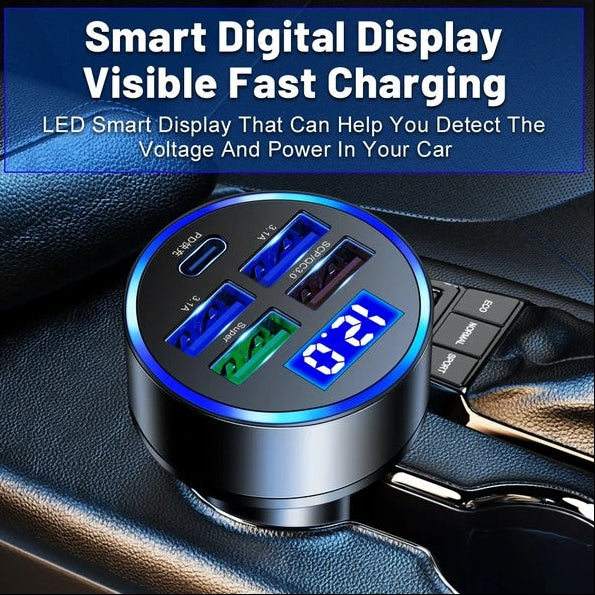 Car charger with digital display on a car dashboard