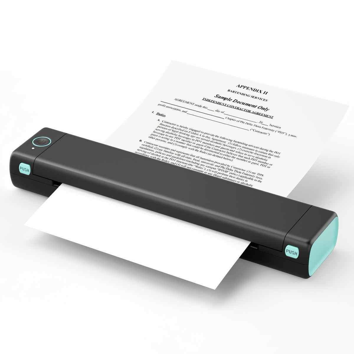Black mobile thermal printer processing an A4 paper sheet with tirquoise accents on clean studio backdrop
