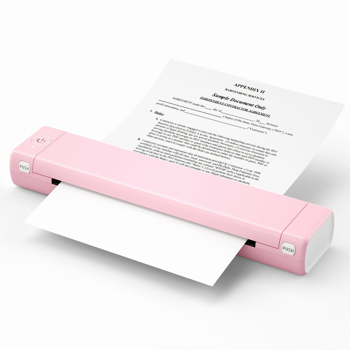 Sleek pink portable thermal printer printing an A4 paper document against a seamless white studio background