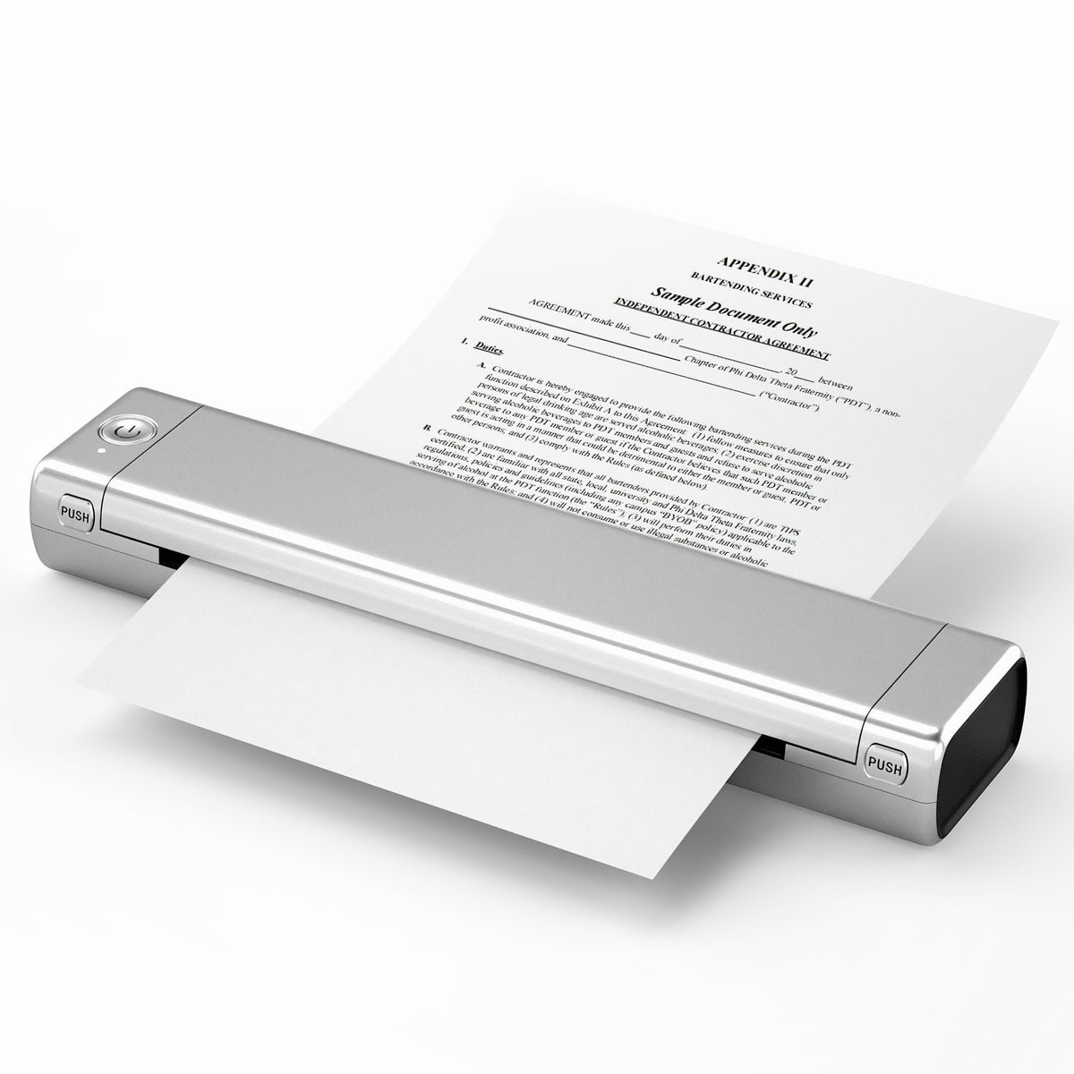 Metallic silver portable A4 thermal printer feeding a paper document through slot on clean white background
