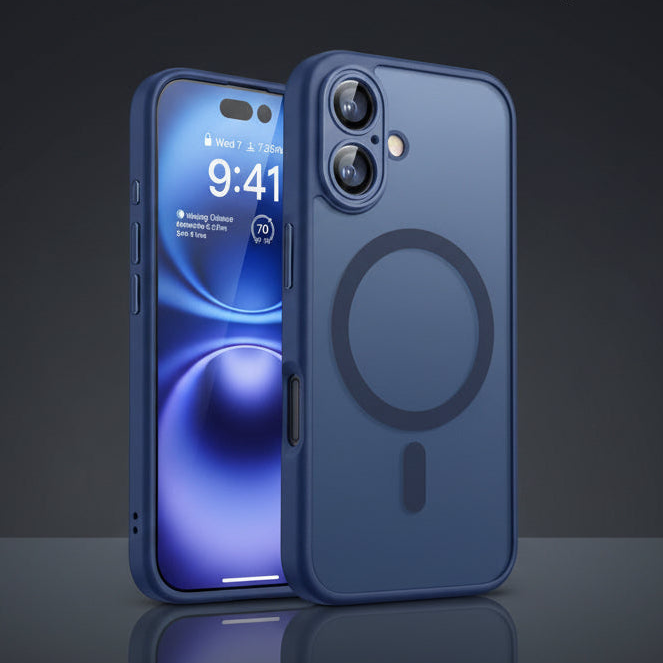 A dark blue protective phone case shown from both the front and back. The back features a large circular MagSafe-compatible ring, and the front shows a smartphone inside the case with a blue and purple wallpaper.
