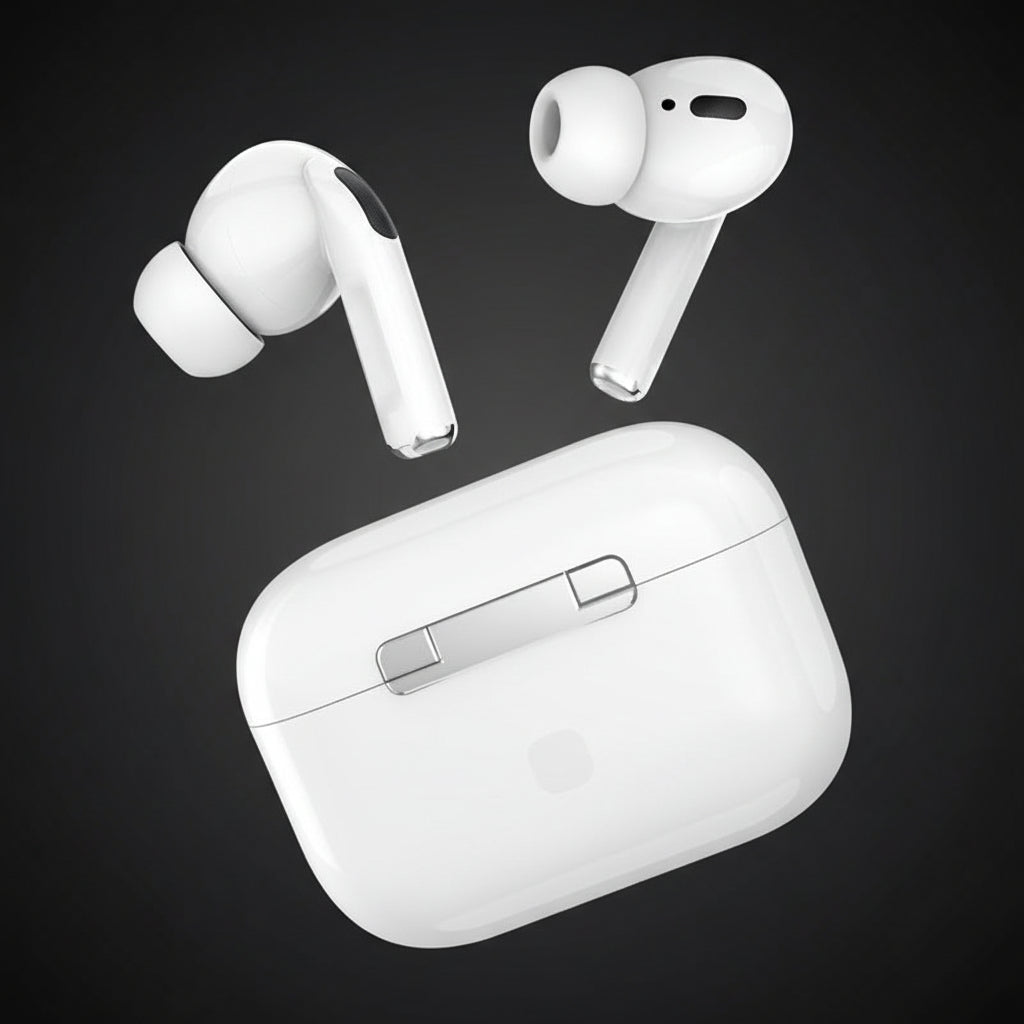 White wireless earbuds with charging case on a dark background