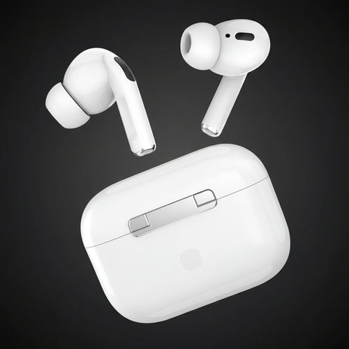 White wireless earbuds with charging case on a dark background