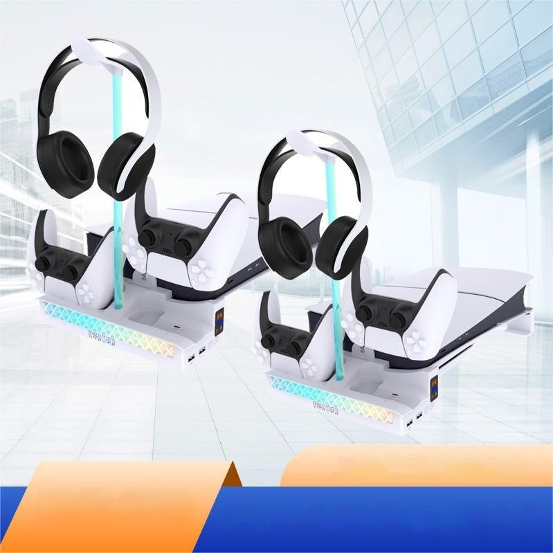 Two white and black VR headsets with matching headbands displayed on white charging stands with colorful LED lighting, set against a bright modern glass building background.
