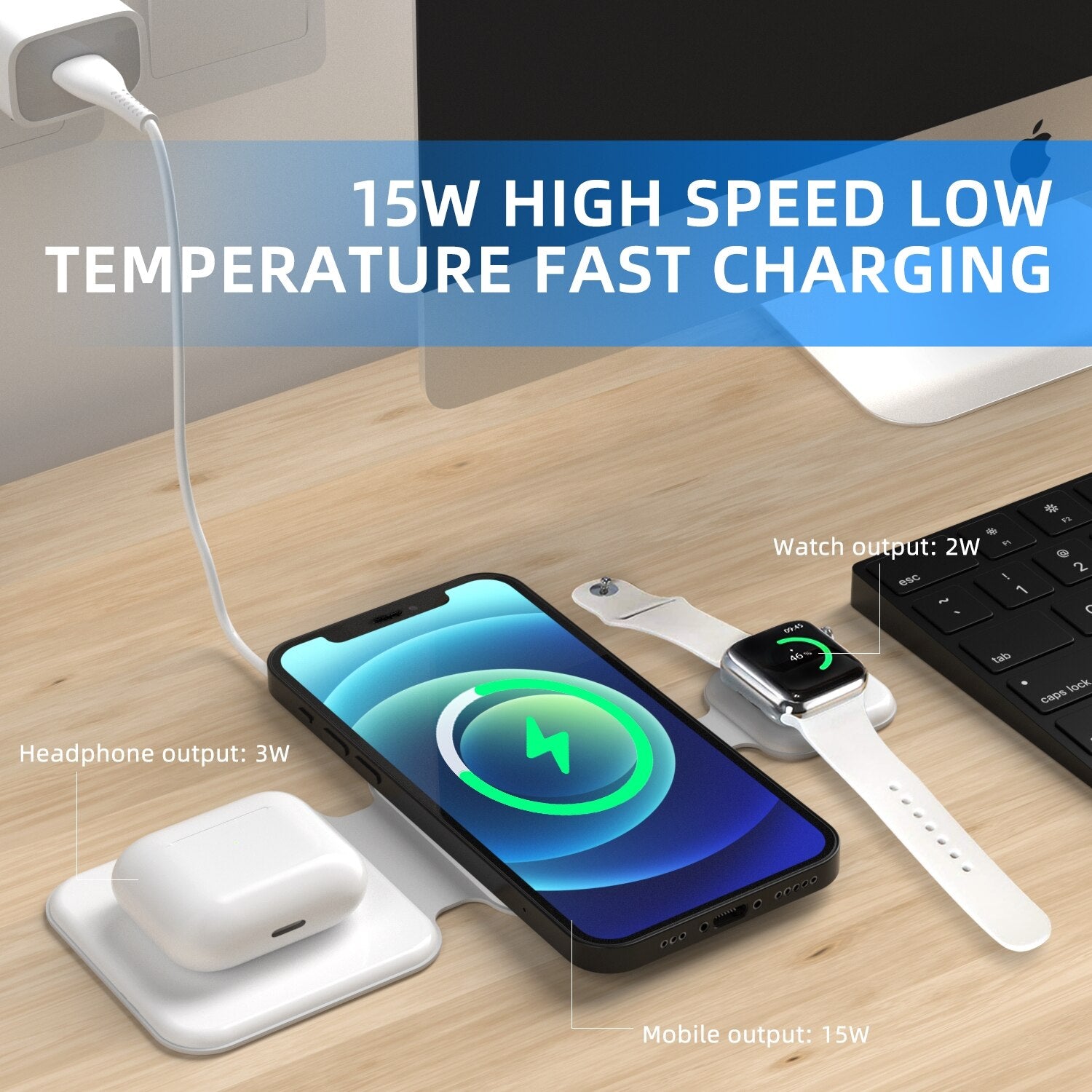 Wireless charging pad with smartphone, watch, and earbuds on a desk.