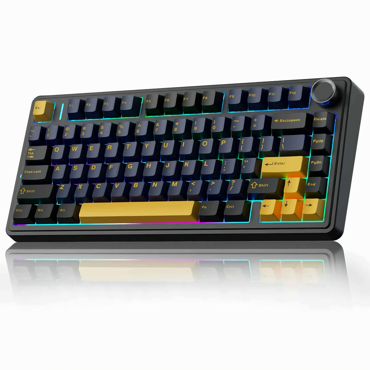 Black Aula F75 wireless mechanical keyboard with gold keycap accents and RGB backlighting shown on a reflective surface