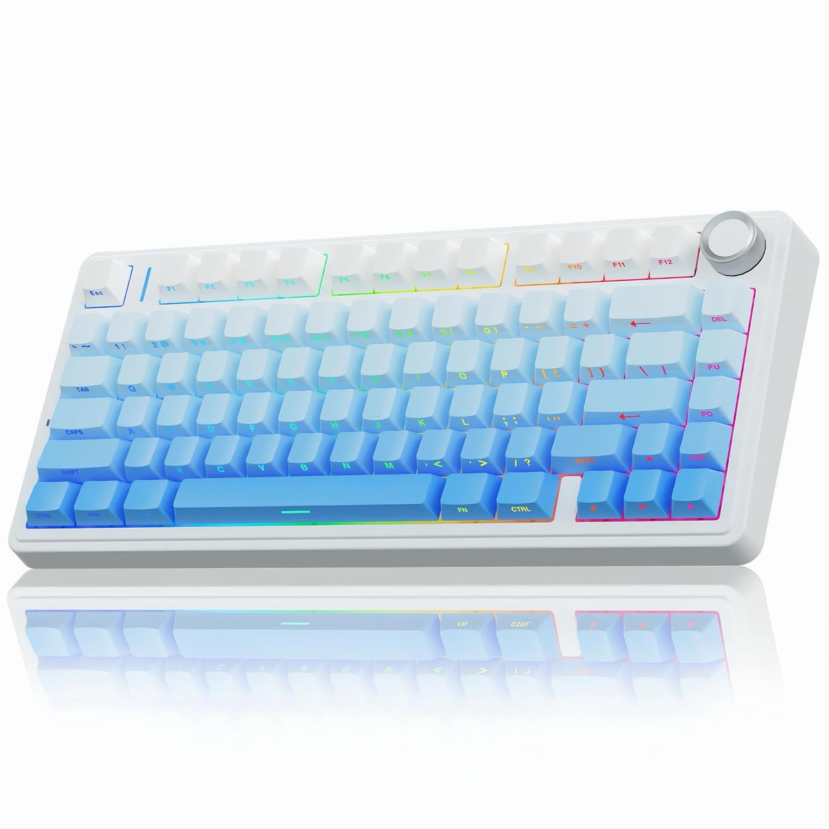 White Aula F75 wireless mechanical keyboard with light blue gradient keycaps and RGB backlighting shown on a reflective surface