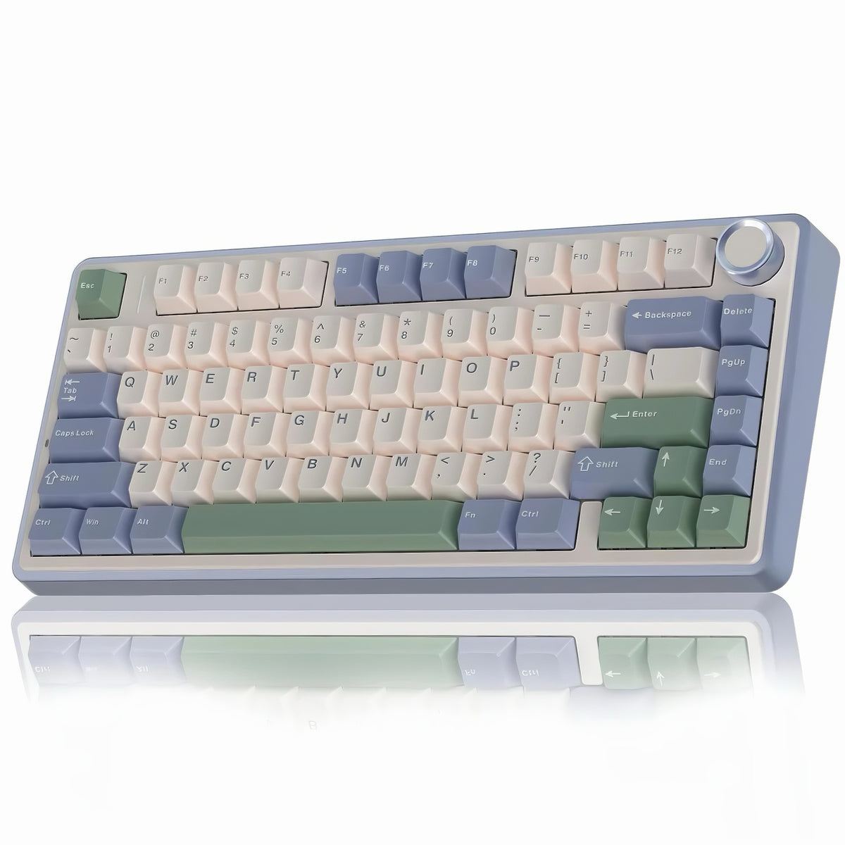 Gray Aula F75 wireless mechanical keyboard with pastel green beige and muted blue keycaps shown on a reflective surface
