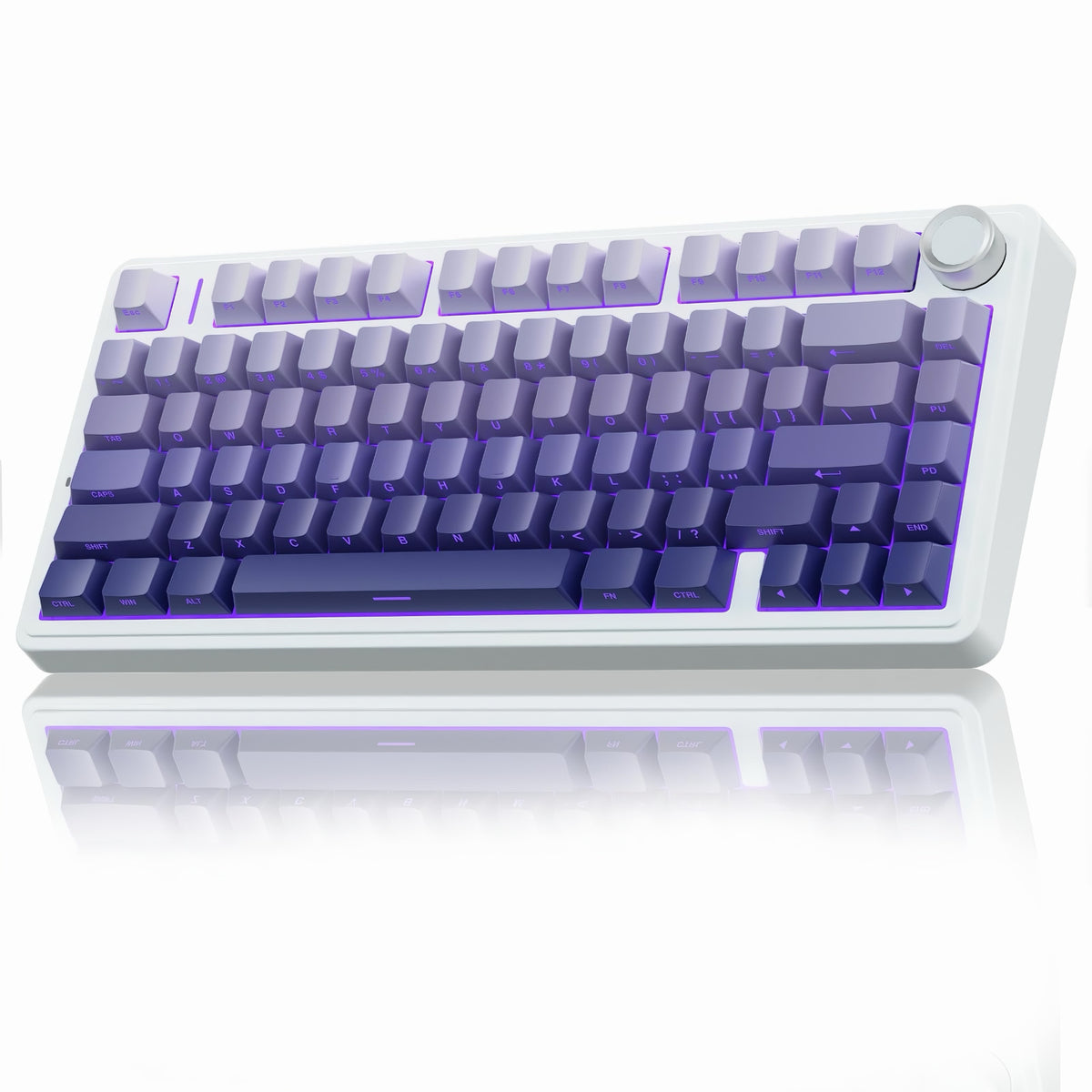 White Aula F75 wireless mechanical keyboard with purple gradient keycaps and RGB backlight shown on a reflective surface