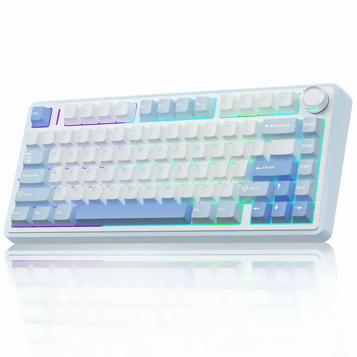 White Aula F75 wireless mechanical keyboard with light blue and white keycaps featuring RGB backlighting and a top right rotary knob shown on a reflective surface