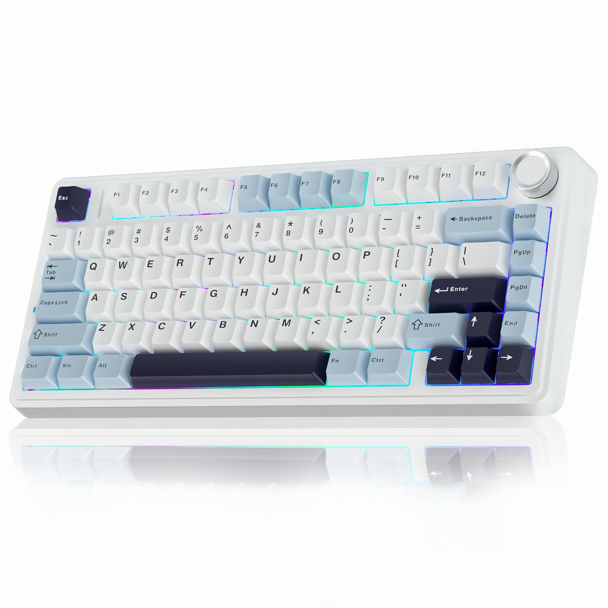 White Aula F75 wireless mechanical keyboard featuring vibrant RGB backlight and dark blue accents on a reflective surface