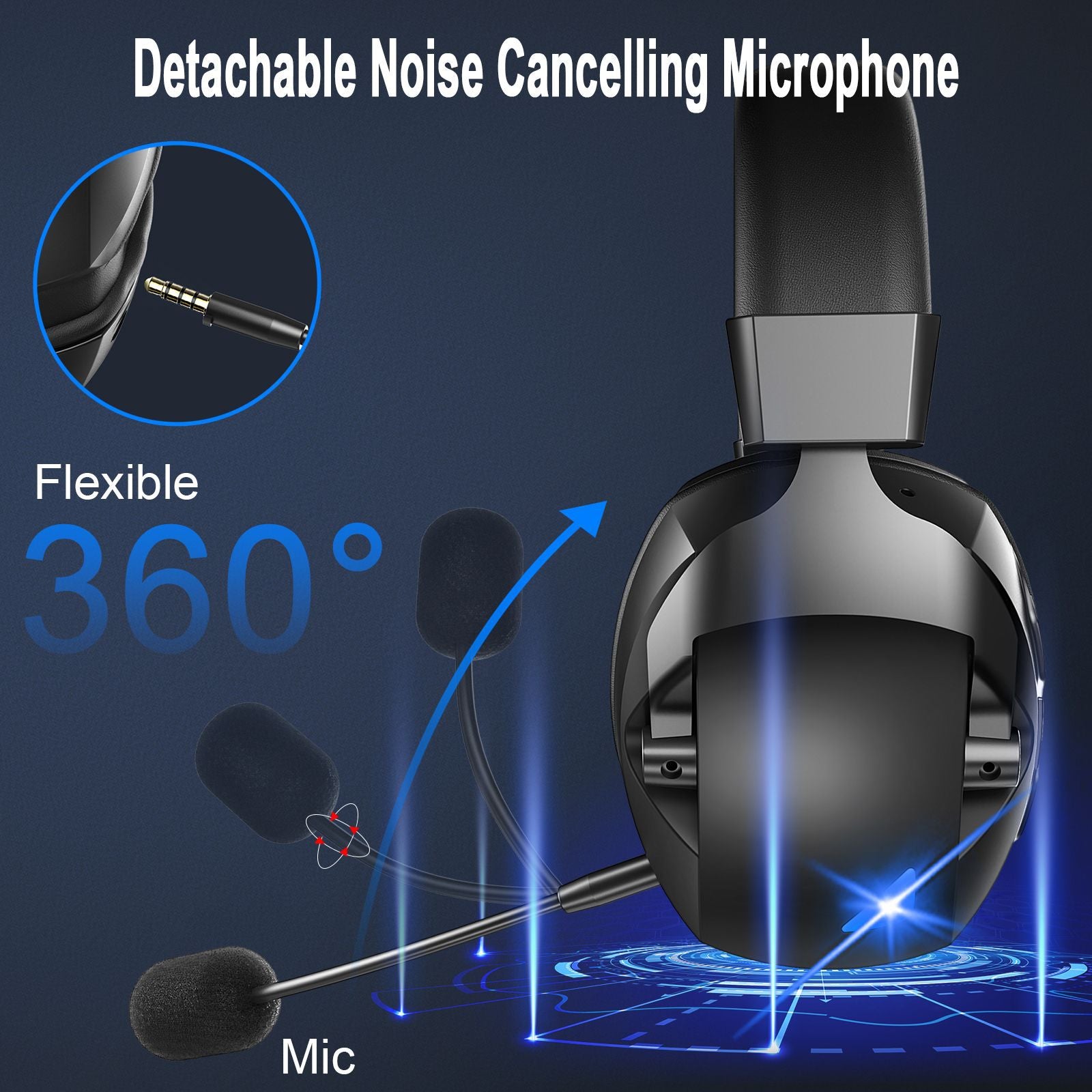 Headset with detachable noise-cancelling microphone on a dark blue background