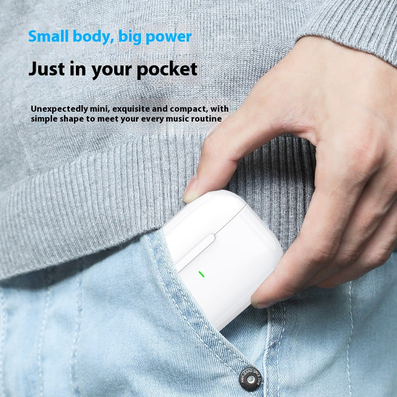 Hand placing a small white device into a pocket with promotional text about its size and power.