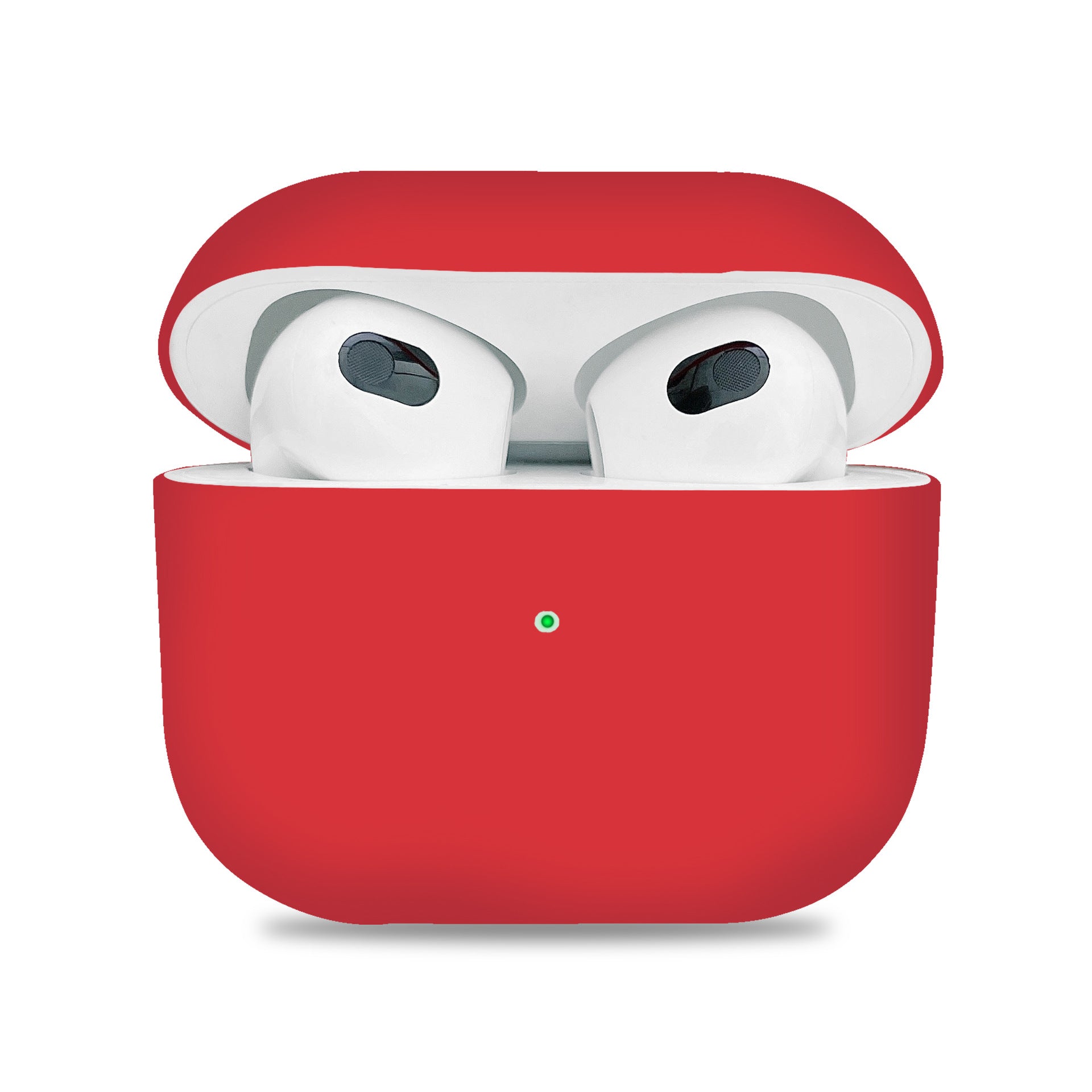 Red wireless earbuds case with white earbuds on a white background