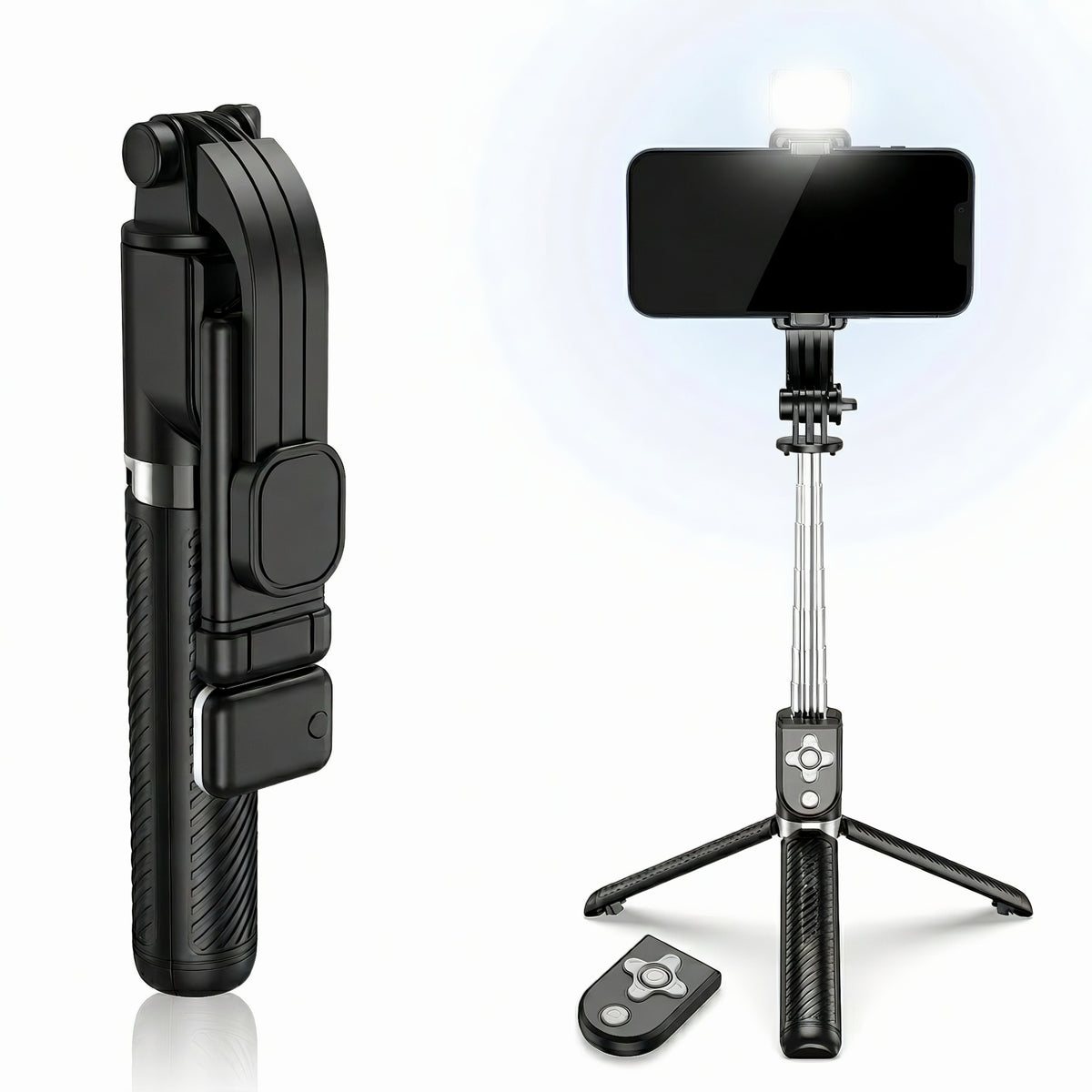 Black foldable selfie stick tripod with phone mount fill light and Bluetooth wireless remote control