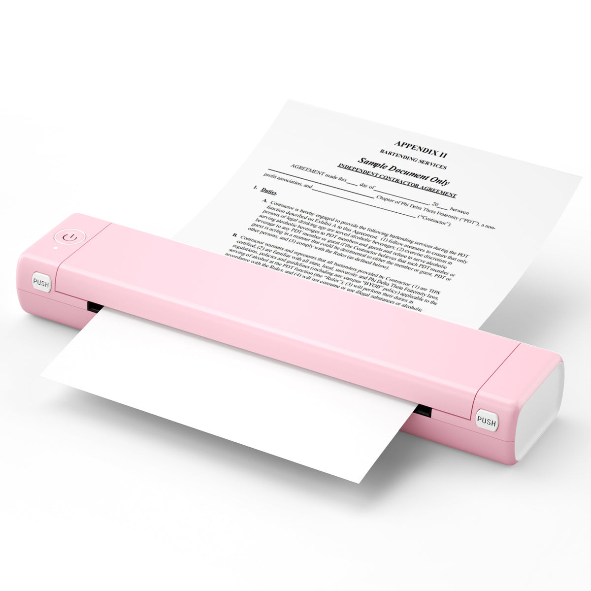 Pink document printer with a piece of paper on a white background