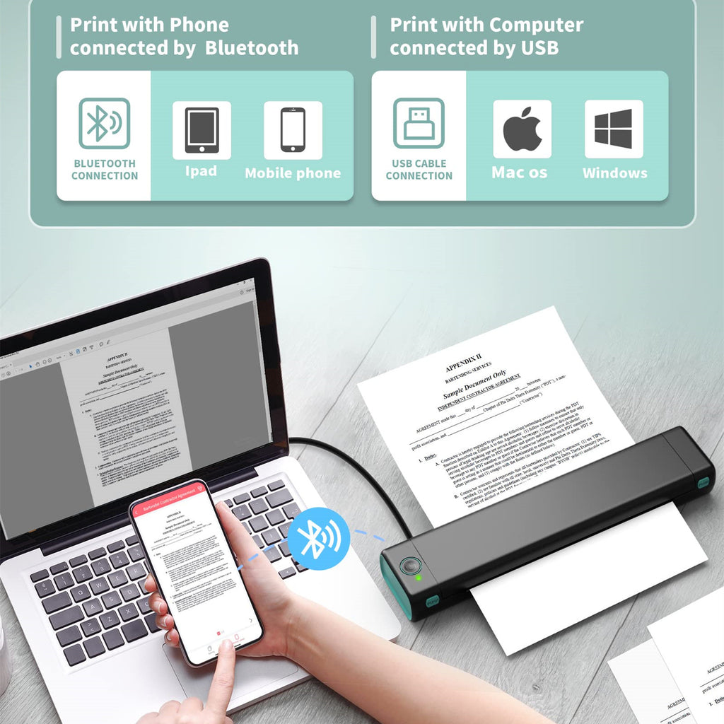 Handheld printer next to a laptop and smartphone on a desk, with connectivity options displayed above.