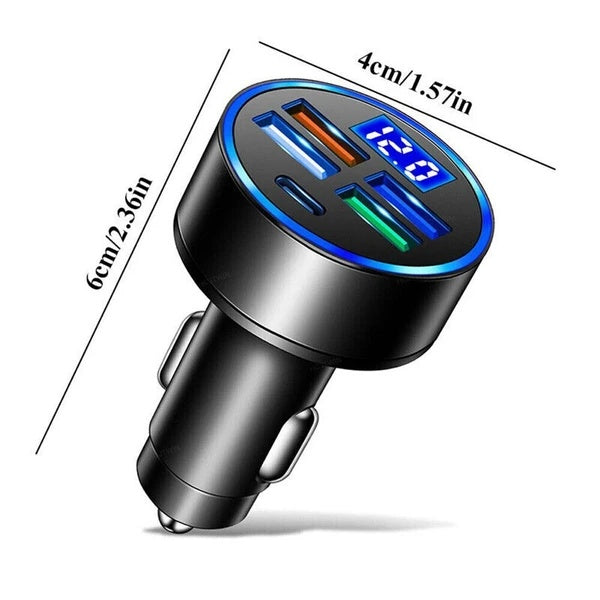 Car charger with digital display and dimensions on a white background