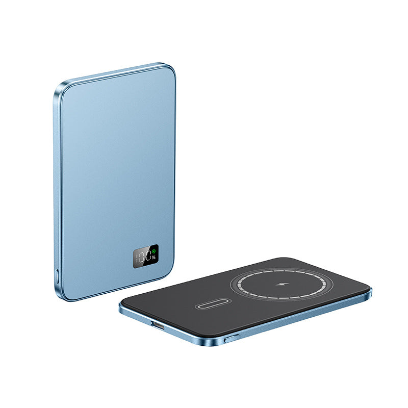 Sky blue wireless power bank on a white background