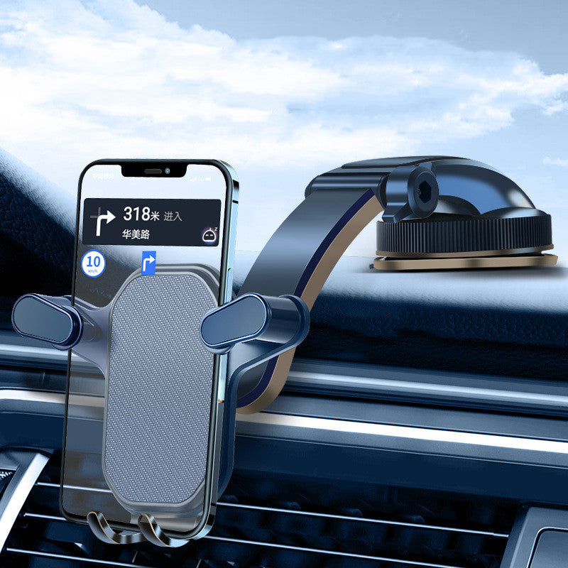 Online Business car phone holder mounted on a dashboard, adjustable cradle for secure smartphone mounting in vehicles.