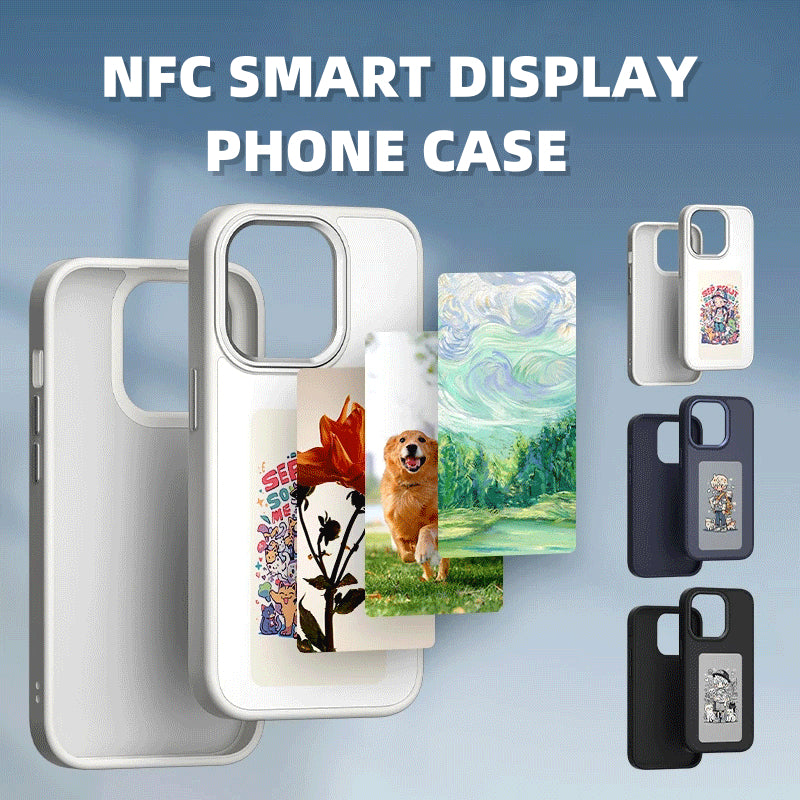 NFC smart display phone case with various designs on a blue background
